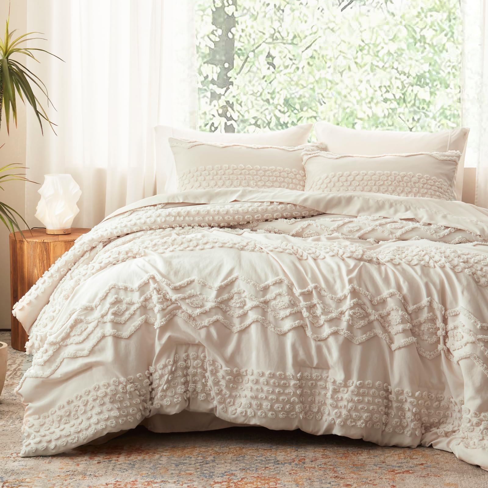 Luxudecor Beige Tufted Comforter Set Queen Size 3 Pieces Boho Shabby Chic Comforter Farmhouse Embroidery Bedding Set Soft Comfor